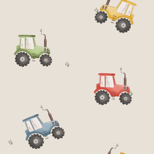 Red, green, yellow and blue tractors, in beige.