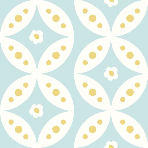 Soft petal geometric shapes in cream and yellow on a sky blue background