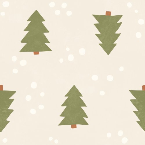 Pattern with stylised green pine trees and scattered white snow dots on a cream background.
