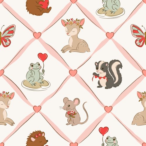 valentine's day woodland animal trellis fabric