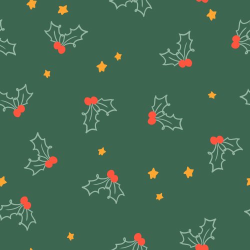 Holly Jolly Leaves by Tylee + Art. Holly with red berries surrounded by yellow stars. Choose between green, cream, or pink backgrounds.