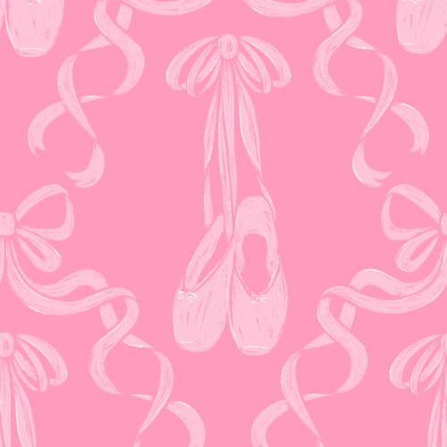 Diagonal Trellis of Cute Pink ribbons surrounding ballet pointe shoes tied together hanging from a double looped bow