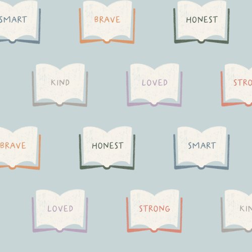 Open Books containing positive words of affirmation on a light blue background