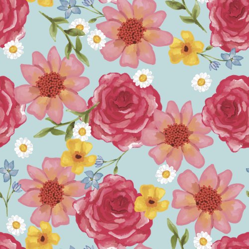 pink and red floral on aqua teal background