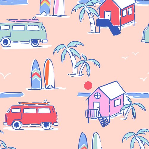 Scened of surf shacks and retro vans with palm trees and surf boards