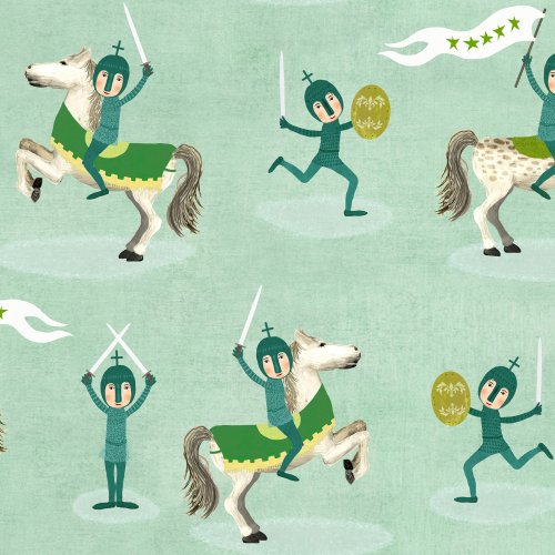 Medieval scene with knights riding horses, scattered across a soft background in a playful storybook style.