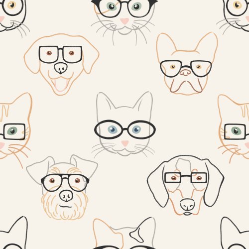 Hand Drawn Outlines of cat and dog faces, various breeds, wearing different shaped glasses on an off white background