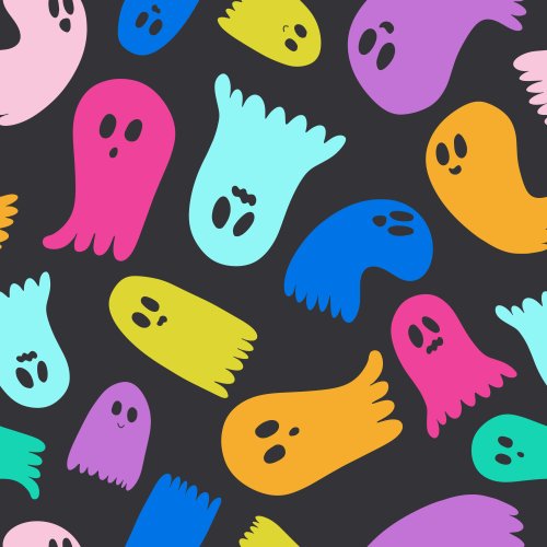 cute, bright-colored ghosts swooping around in a tossed pattern on a black background