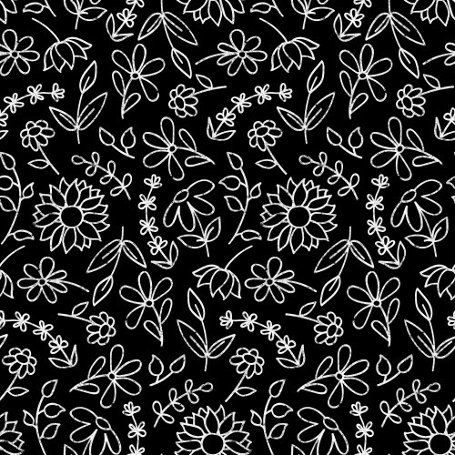 white line art floral on black background