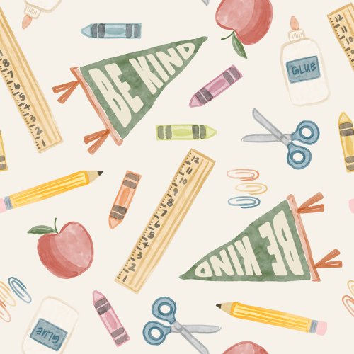 Watercolor school supplies and pennants with text 'be kind' on them in a tossed orientation.