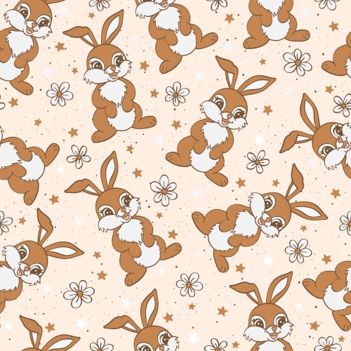 Easter fabric design with easter bunnies, flowers and stars on a cream background