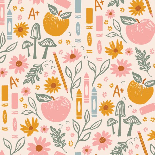 A cheerful school-themed print featuring classic red apples, pencils, rulers, and notebooks—perfect for teacher gifts, backpacks, or kids' clothing for the new school year.