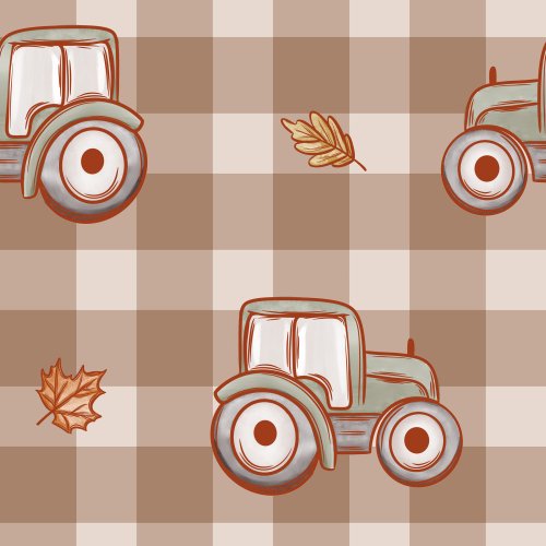 tractor and fall leaves on brown plaid