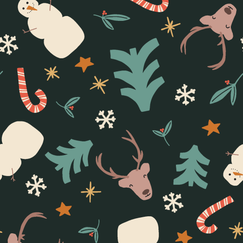 reindeer in a winter wonderland woodland with snow, stars, and animals