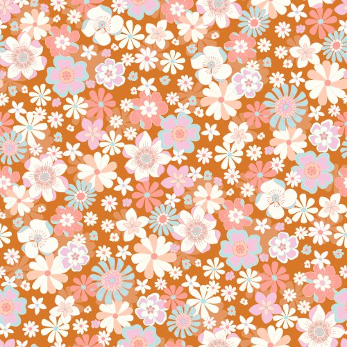 retro floral in boho brown, pink and blue