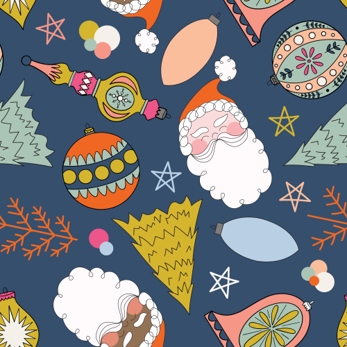 playful, hand-drawn Christmas motifs in a non-directional tossed pattern on a dark blue background