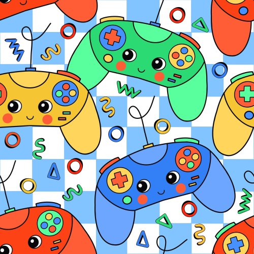 colorful video game controllers with happy faces