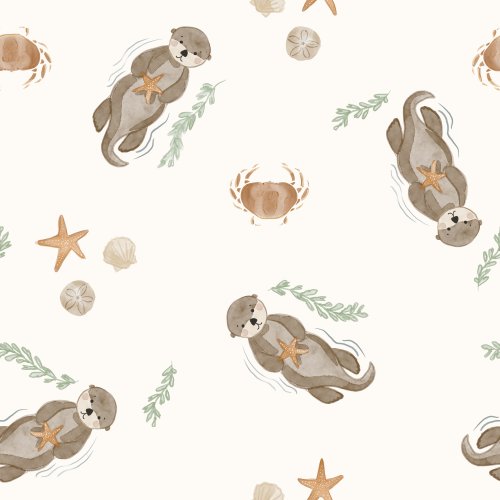 Watercolor sea otters surrounded by kelp, crabs, sandollars and starfish.