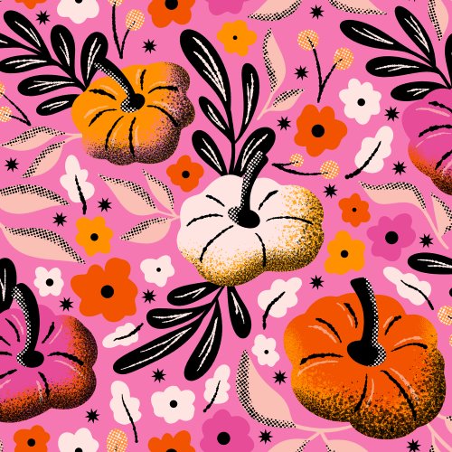 Pumpkins and fall botanicals scattered over a solid background