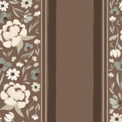 A hand painted floral border with tonal stripes on an earthy brown background