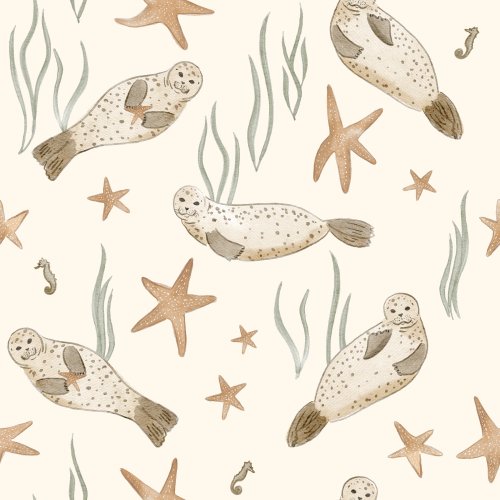 Watercolor harbor seals in a neutral color palette surrounded by ocean seaweed, seahorses and starfish.