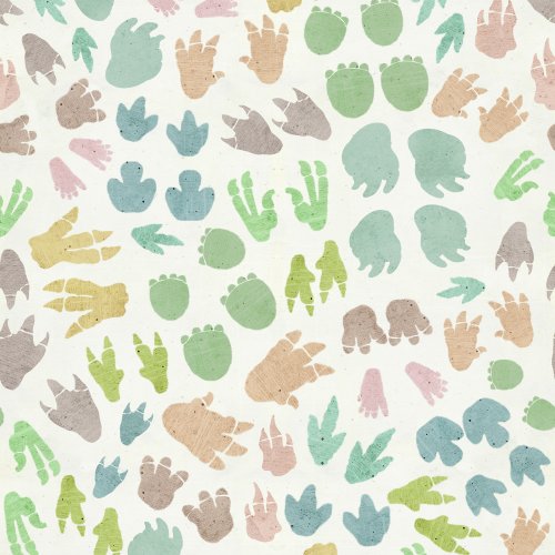 Scattered dinosaur footprints across a soft neutral background, a playful prehistoric design in a gentle pastel color.