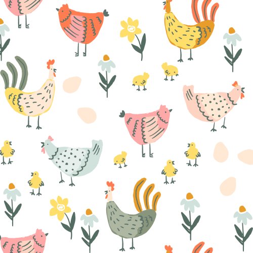 multicolor chickens fabric design