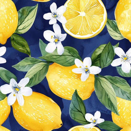 lemons and flowers on dark blue background