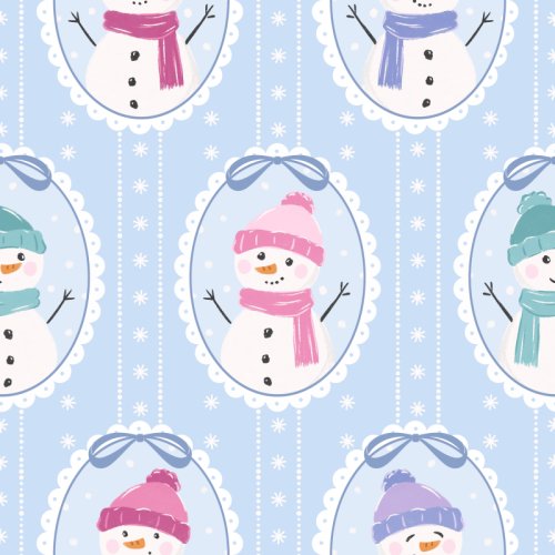 Cute little snowmen wearing hats and scarves inside cameo frames