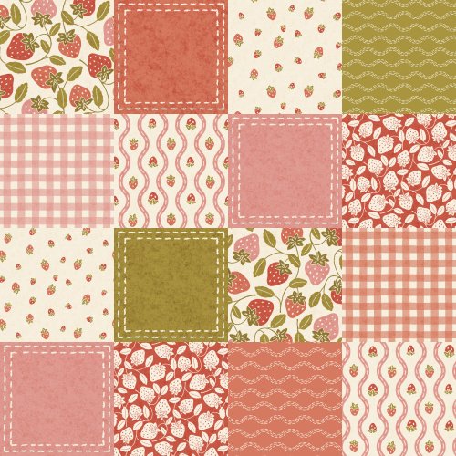 A cozy patchwork grid of strawberry-themed quilt squares featuring strawberry vines, tiny tossed berries, strawberry-floral silhouettes, blush gingham checks, and stitched wavy stripes—finished with faux blanket-stitch framed solids that mimic hand-sewn quilt labels. 