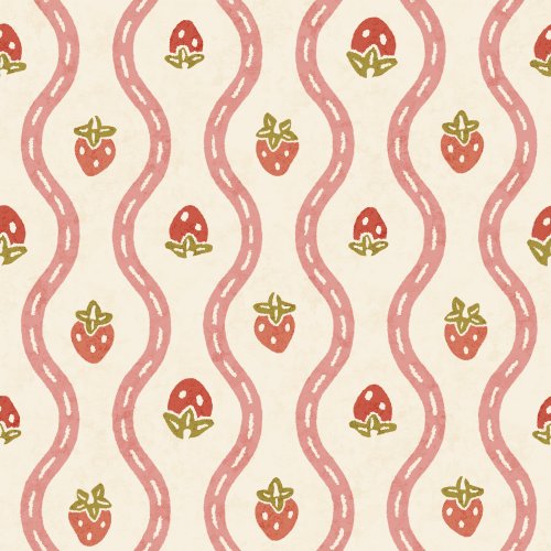 A sweet, nostalgic repeat of hand-drawn red strawberries with olive-green tops, scattered between vertical blush-pink wavy ribbons on a warm cream ground. 