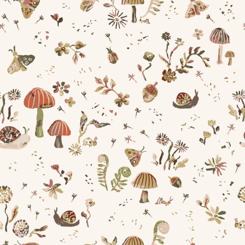 rustic hand-painted ferns, snails, moths, and florals scattered on cream 
