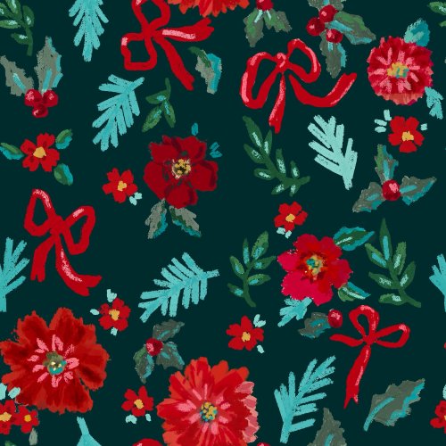 A scattered smaller floral with sprigs of pine branches and bows 