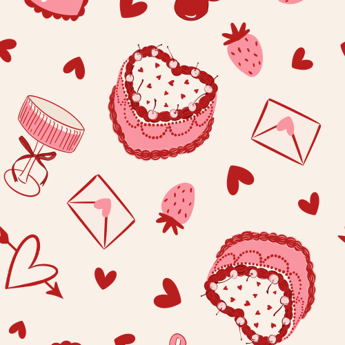 Sweet treats heart shaped cake, cherries, strawberries, hearts, champagne, love letters