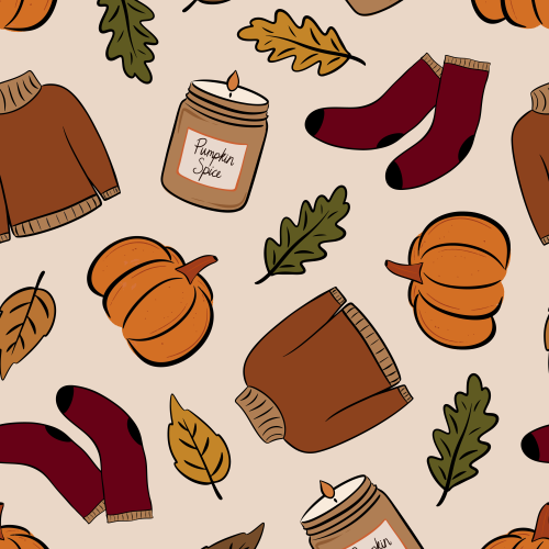 Non directional Autumn motifs, candles, jumper, socks, pumpkins, leaves