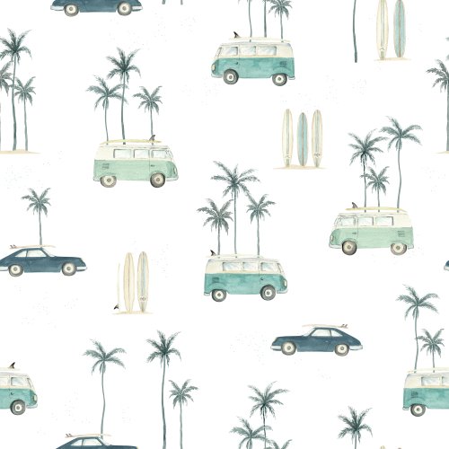 vintage surfcars, surfboards and palm trees
