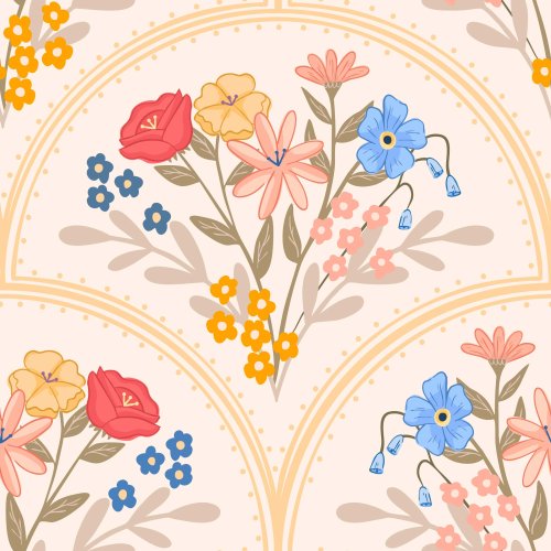 scalloped floral in gold, red, blue, yellow, and peach