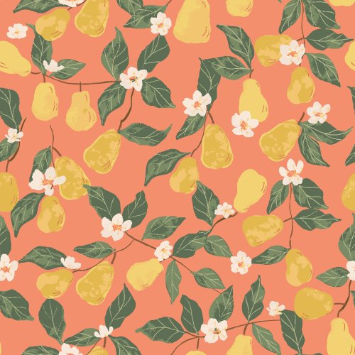 Yellow hand painted pears on a coral background