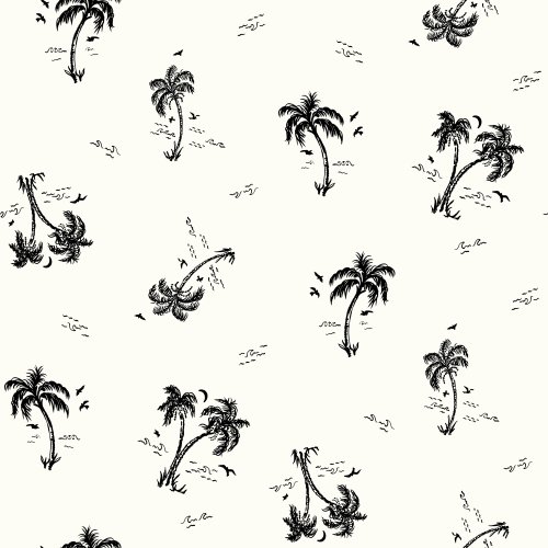 Vintage palm trees with retro waves and birds