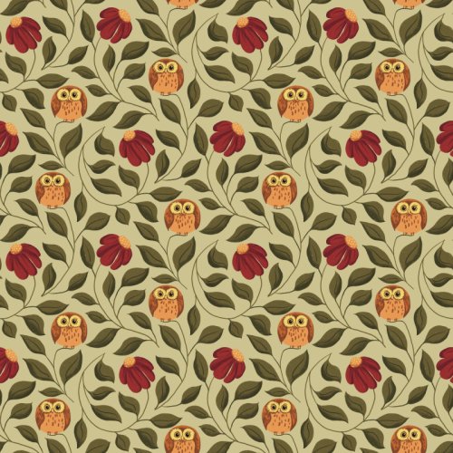 Golden Hollow collection, Hollow Watch: small orange owls tucked among trailing olive green leaves and deep red coneflowers on a soft sage background, a cozy fall woodland pattern.
