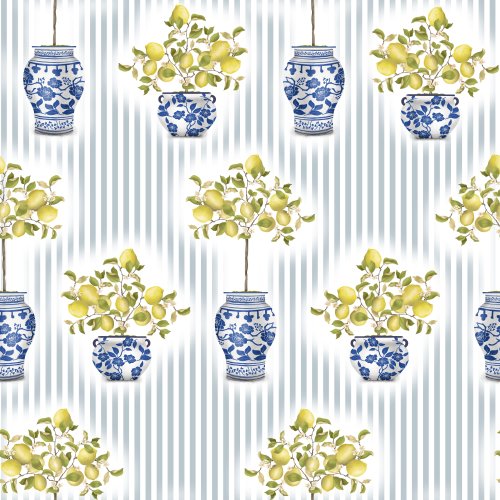 Chinoiserie pots hold lemon topiaries against a striped background.