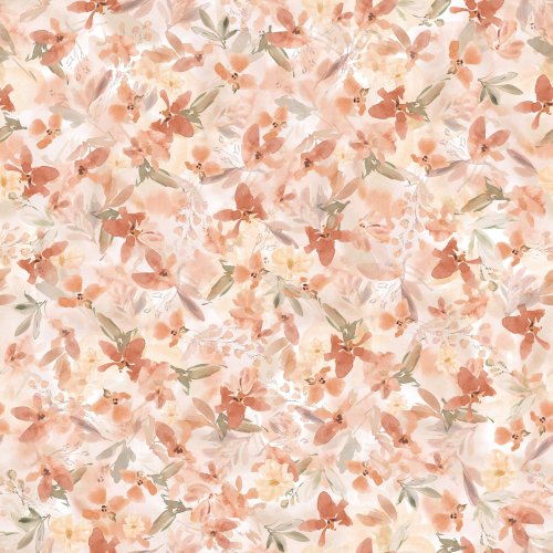 Abstract watercolor wash in peaches, pinks, blues, and greens, with soft floral shapes and fluid transitions between colors.