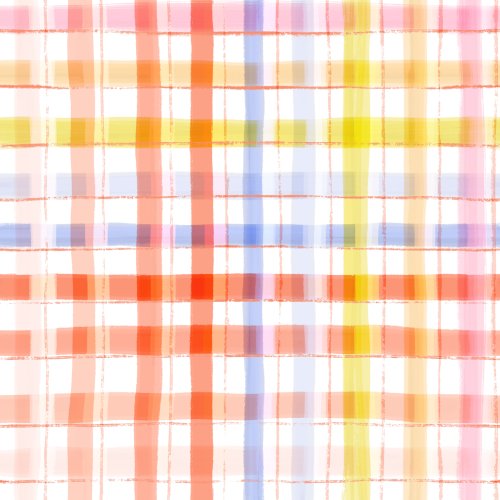 A hand drawn watercolor plaid with hand drawn pencil accents in orange - multi color on white 