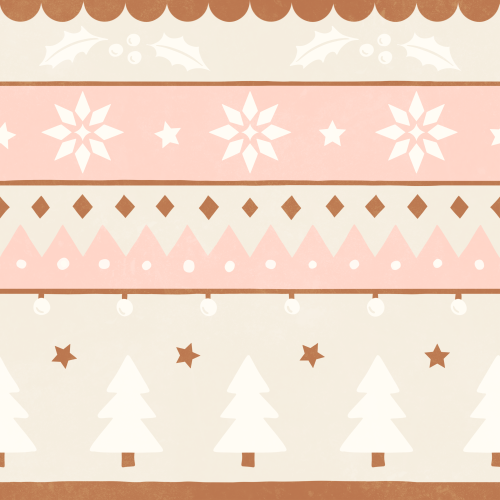 Striped pattern inspired by fair isle knitwear, featuring rows of snowflakes, trees, holly, and geometric shapes in pink, cream, and brown tones.