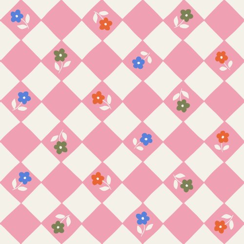 The design features a checkerboard pattern in pink and cream, interspersed with small, colorful floral elements.