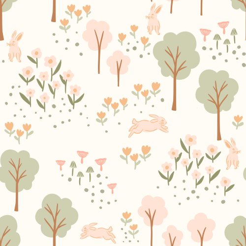 Seamless woodland pattern with scattered trees, flowers, mushrooms, and running rabbits, arranged in a light, airy ditsy-style repeat.