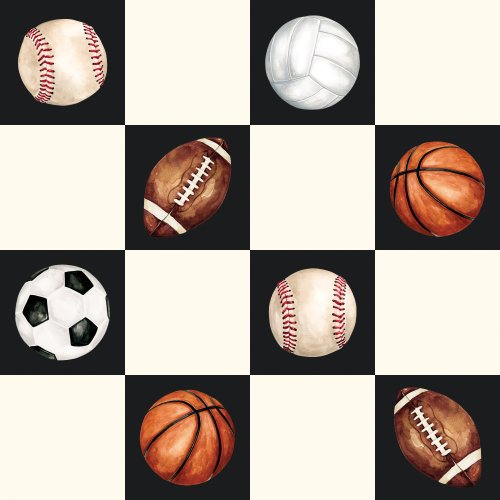 Sports checker fabric design with footballs, soccer balls, basketballs, baseballs