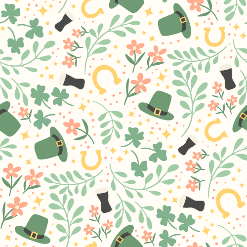 St Patrick’s Day pattern with shamrocks, florals, lucky hats, horseshoes and greenery on a cream background.