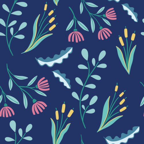 Scattered stylised aquatic plants, cattails, leafy stems and pink bell-shaped flowers in teal, aqua, blue and yellow on a navy background.