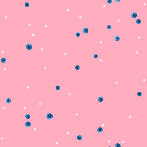 Scattered blueberries and white dots over a solid color background